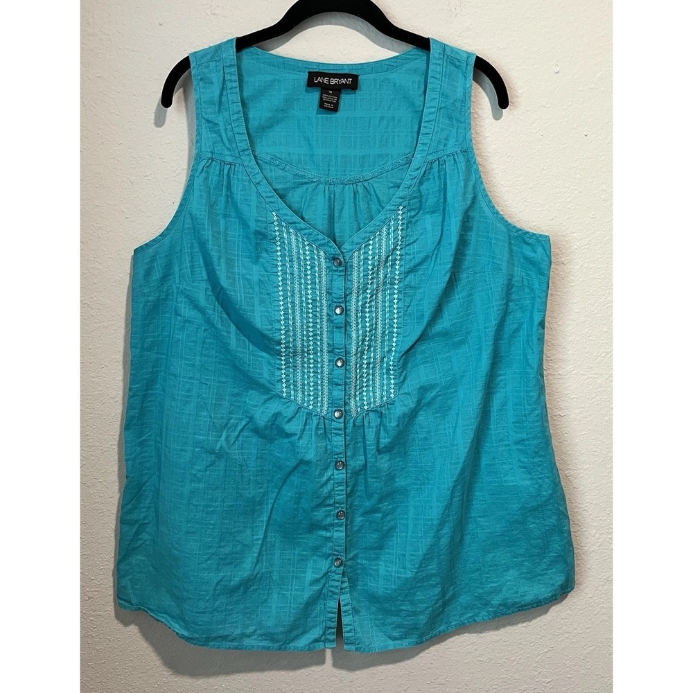 Lane Bryant Women's Tank Top Size 18 Embroidered Button Front Teal Blue Colorful